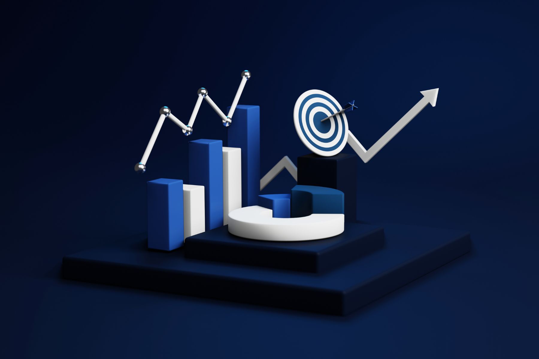 Multiple bar and pie charts showing growth on a blue background.